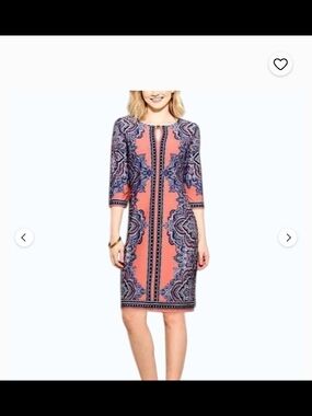 Signature Camry Coral and Navy Paisley Midi Sheath Dress Size 12
